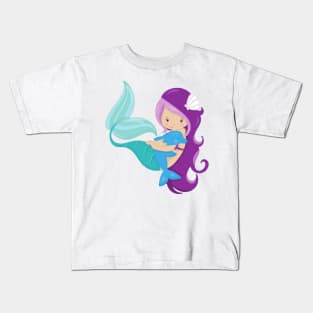 Cute Mermaid, Little Mermaid, Purple Hair, Dolphin Kids T-Shirt